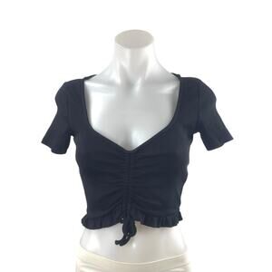 Zara Black Ribbed Ruched Ruffle Short Sleeve Crop Tee Basic T-Shirt Blouse Top M